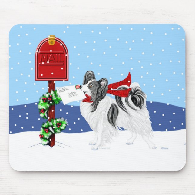 Papillon Christmas Mail Blk Wht Mouse Pad (Front)