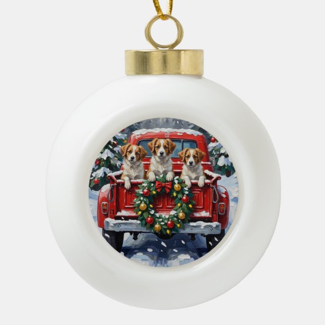 Papillon Christmas Red Truck Holiday Ceramic Ball Christmas Ornament (Front)