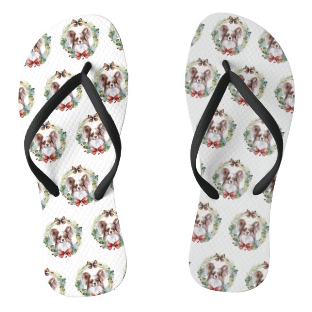 Papillon Christmas Wreath Festive Pup  Jandals (Footbed)