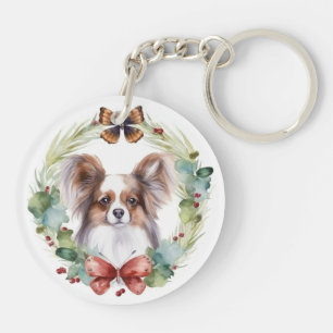 Papillon Christmas Wreath Festive Pup  Key Ring