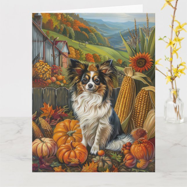 Papillon dog Autumn Harvest Thanksgiving Card (Yellow Flower)