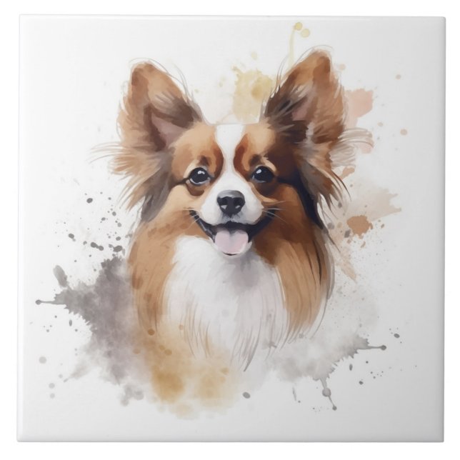 Papillon Dog Brown and White Watercolor Tile (Front)