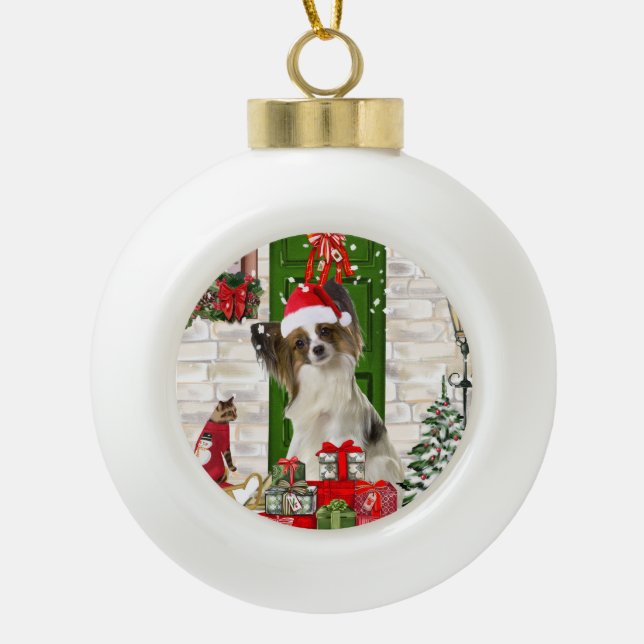 Papillon Dog Christmas  Ceramic Ball Christmas Ornament (Front)