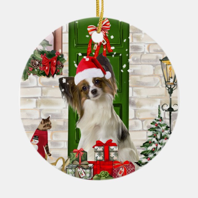 Papillon Dog Christmas  Ceramic Tree Decoration (Front)