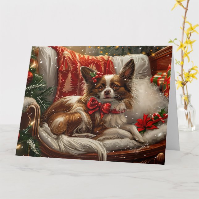 Papillon Dog Christmas Festive Card (Yellow Flower)