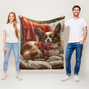 Papillon Dog Christmas Festive Fleece Blanket