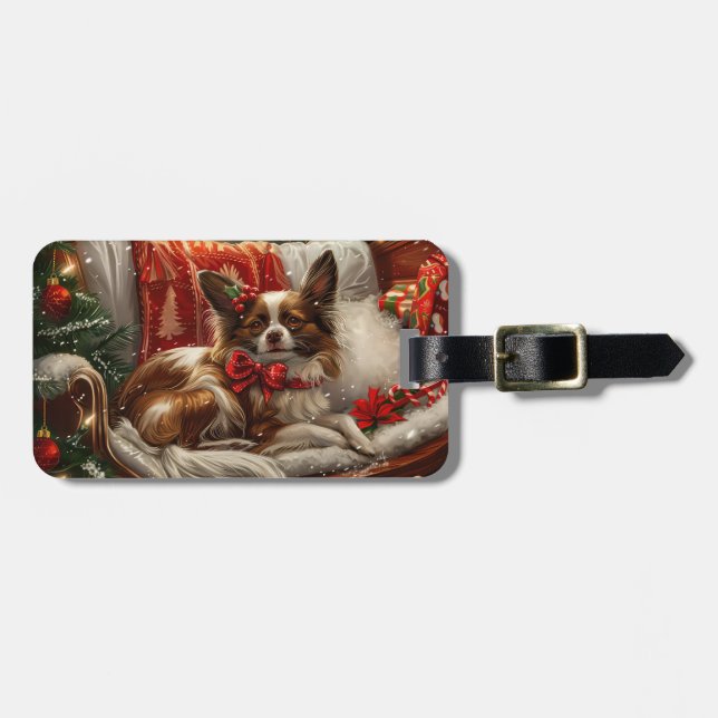 Papillon Dog Christmas Festive Luggage Tag (Front Horizontal)