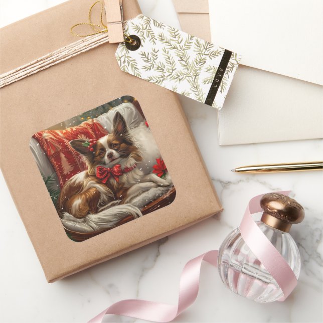 Papillon Dog Christmas Festive Square Sticker (Gifting)