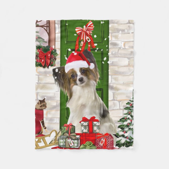 Papillon Dog Christmas  Fleece Blanket (Front)