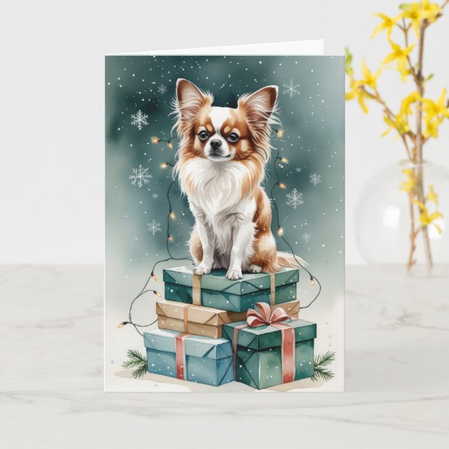 Papillon Dog Christmas Greeting Card (Yellow Flower)