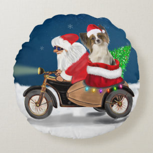 Papillon Dog Christmas Santa Claus   Round Cushion