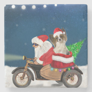 Papillon Dog Christmas Santa Claus  Stone Coaster