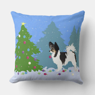 Papillon Dog Decorating Christmas Tree in Forest Cushion