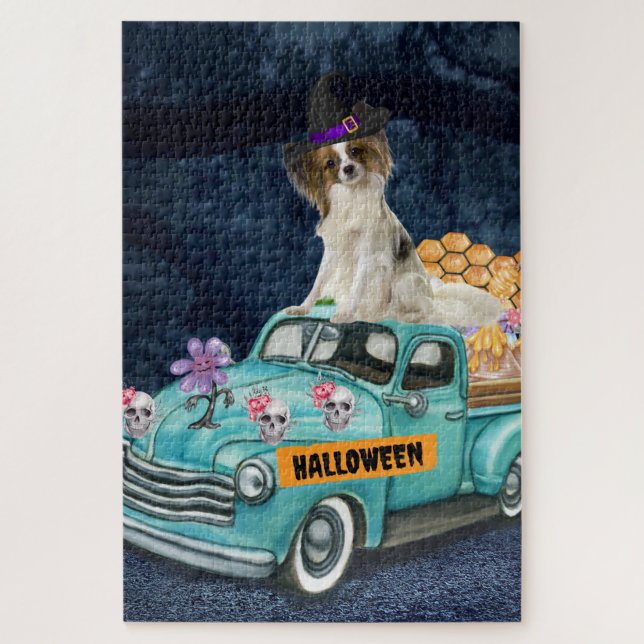 Papillon Dog Halloween Truck Scary Night Jigsaw Puzzle (Vertical)