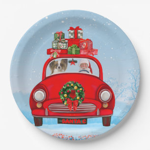 Papillon Dog In Car With Santa Claus Paper Plate