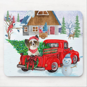 Papillon Dog In Christmas Delivery Truck Snow Mouse Pad