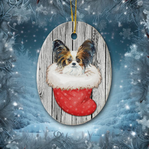 Papillon Dog in Christmas Stocking on Wood Ceramic Tree Decoration