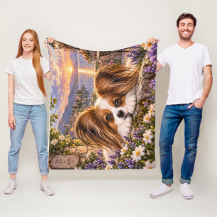 Papillon Dog in Mediterranean Flower Garden at Sun Fleece Blanket