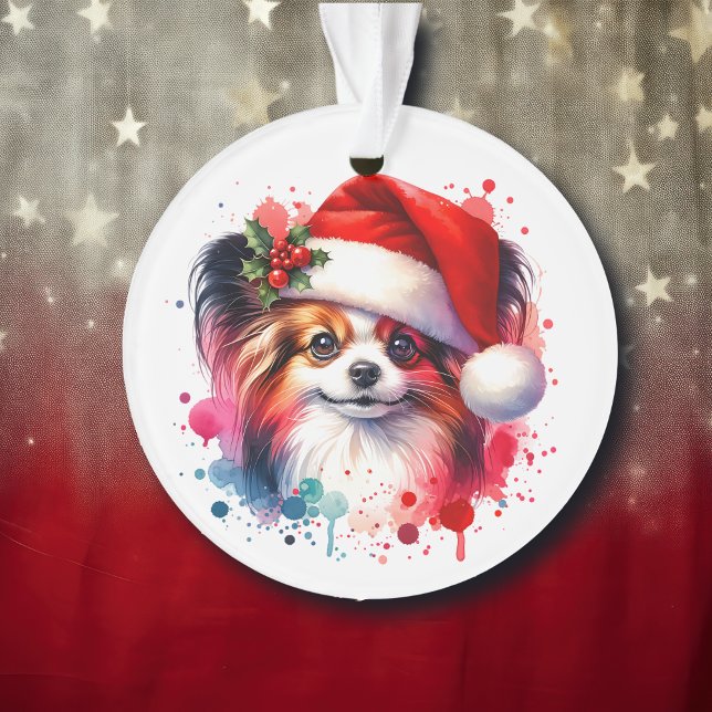 Papillon Dog in Santa Hat Christmas Personalised Ornament (Creator Uploaded)