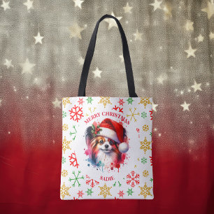 Papillon Dog in Santa Hat Christmas Personalised Tote Bag