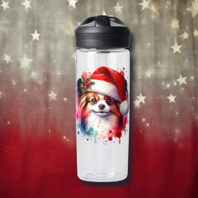 Papillon Dog in Santa Hat Christmas Personalised Water Bottle (Creator Uploaded)