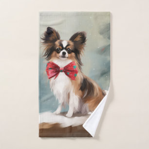 Papillon Dog in Snow Christmas Bath Towel Set