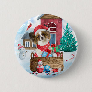 Papillon Dog In snow Christmas Dog House 6 Cm Round Badge