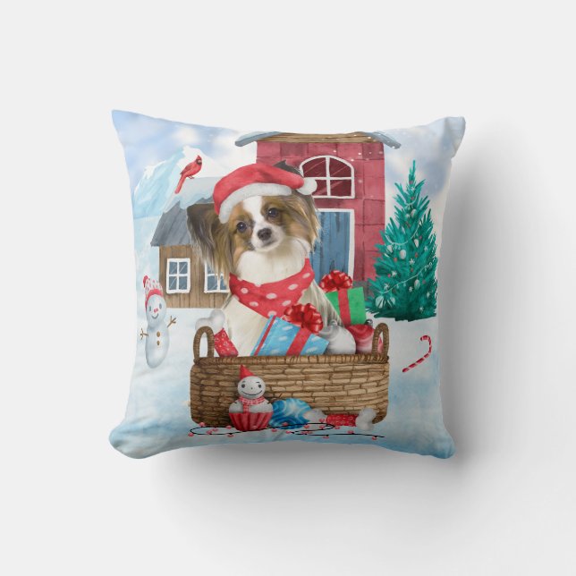 Papillon Dog In snow Christmas Dog House Cushion (Front)