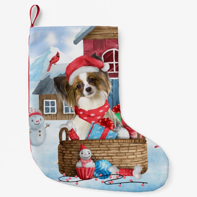 Papillon Dog In snow Christmas Dog House Small Christmas Stocking (Front)