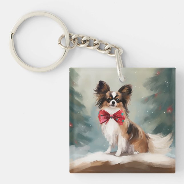 Papillon Dog in Snow Christmas  Key Ring (Front)