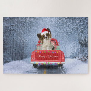 Papillon Dog in Snow sitting in Christmas Truck Jigsaw Puzzle