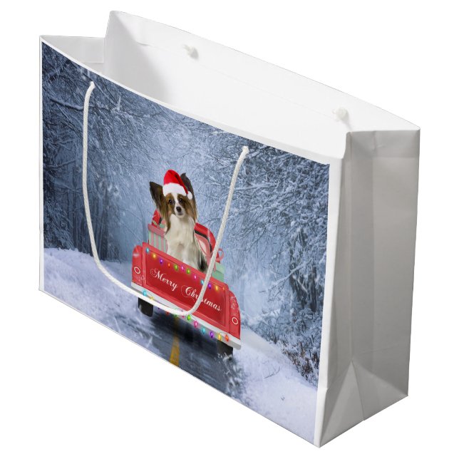 Papillon Dog in Snow sitting in Christmas Truck Large Gift Bag (Front Angled)