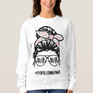 papillon dog mum messy bun hair glasses papillon m sweatshirt