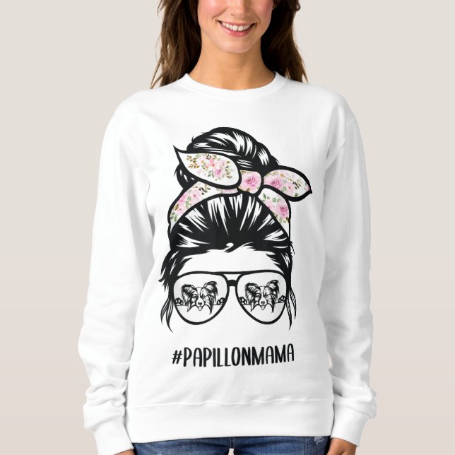 papillon dog mum messy bun hair glasses papillon m sweatshirt (Front)