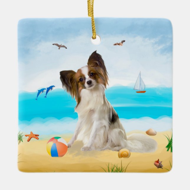 Papillon Dog on Beach Ceramic Ornament (Front)