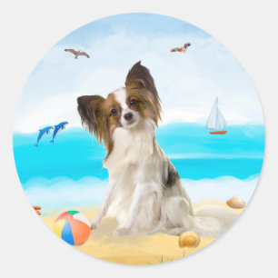 Papillon Dog on Beach Classic Round Sticker
