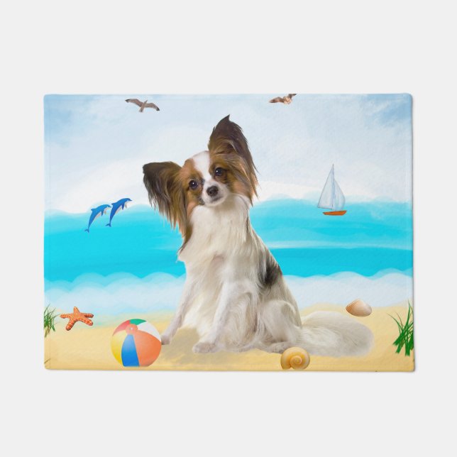 Papillon Dog on Beach Doormat (Front)