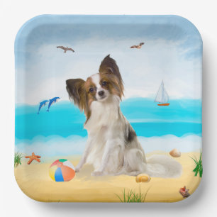 Papillon Dog on Beach Paper Plate