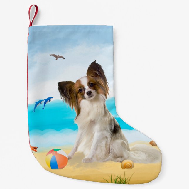 Papillon Dog on Beach Small Christmas Stocking (Front)