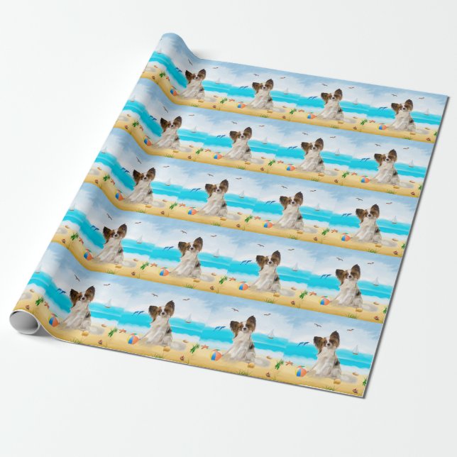 Papillon Dog on Beach Wrapping Paper (Unrolled)