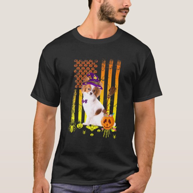 Papillon Dog Pumpkin American Flag Halloween Dog T-Shirt (Front)