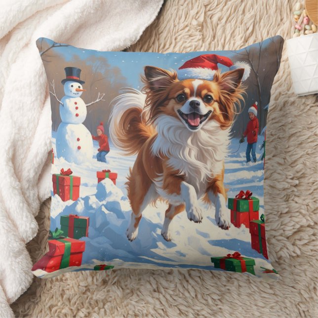 Papillon Dog Running in Snow with Christmas Hat Cushion (Blanket)