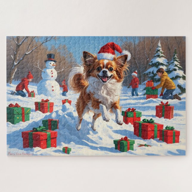 Papillon Dog Running in Snow with Christmas Hat Jigsaw Puzzle (Horizontal)