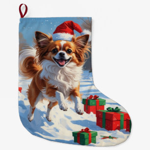 Papillon Dog Running in Snow with Christmas Hat Large Christmas Stocking