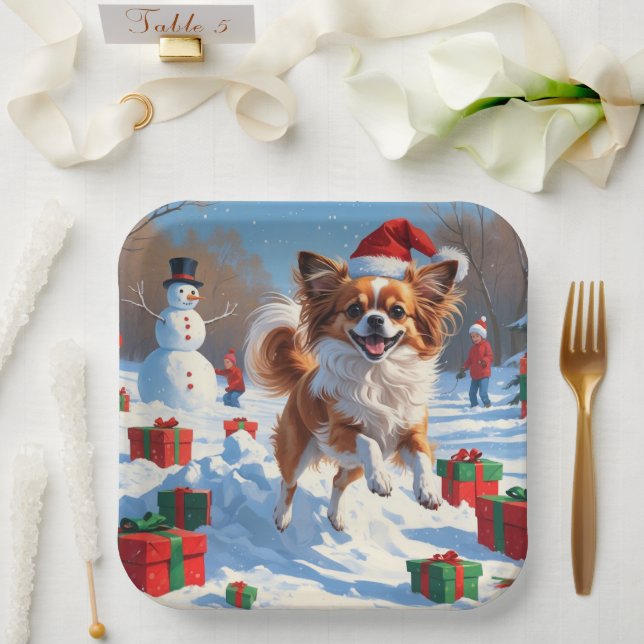 Papillon Dog Running in Snow with Christmas Hat Paper Plate (Wedding)