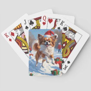 Papillon Dog Running in Snow with Christmas Hat Playing Cards