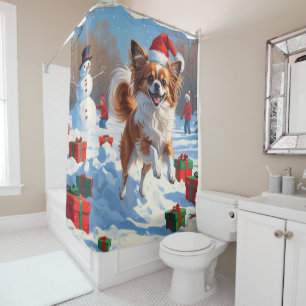 Papillon Dog Running in Snow with Christmas Hat Shower Curtain