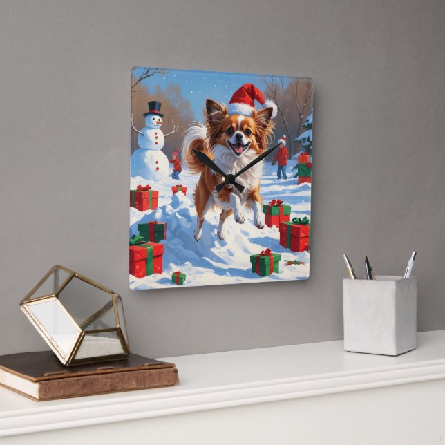 Papillon Dog Running in Snow with Christmas Hat Square Wall Clock (Office)