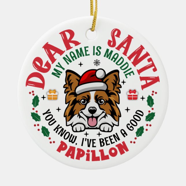 Papillon Dog Santa Christmas Tree Personalised Ceramic Tree Decoration (Front)