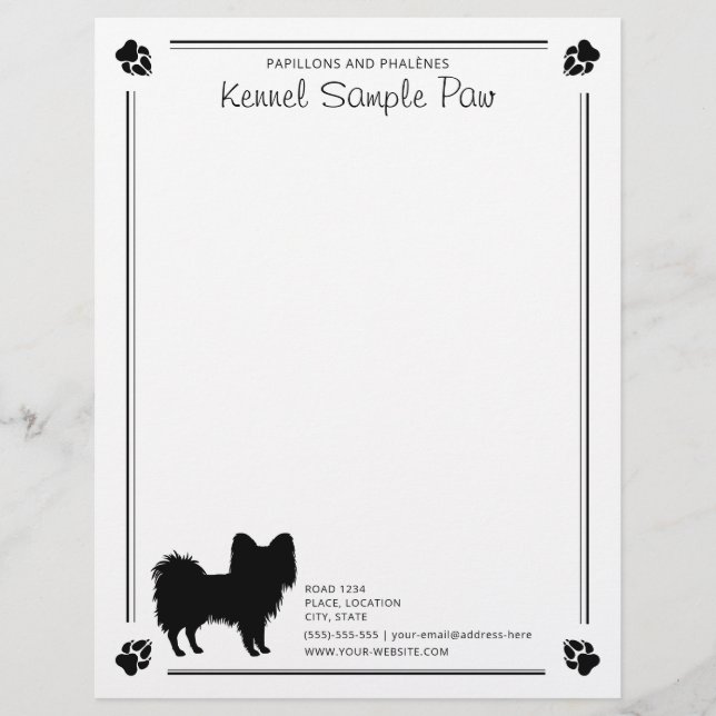 Papillon Dog Silhouette With Paws And Custom Text Custom Letterhead (Front)
